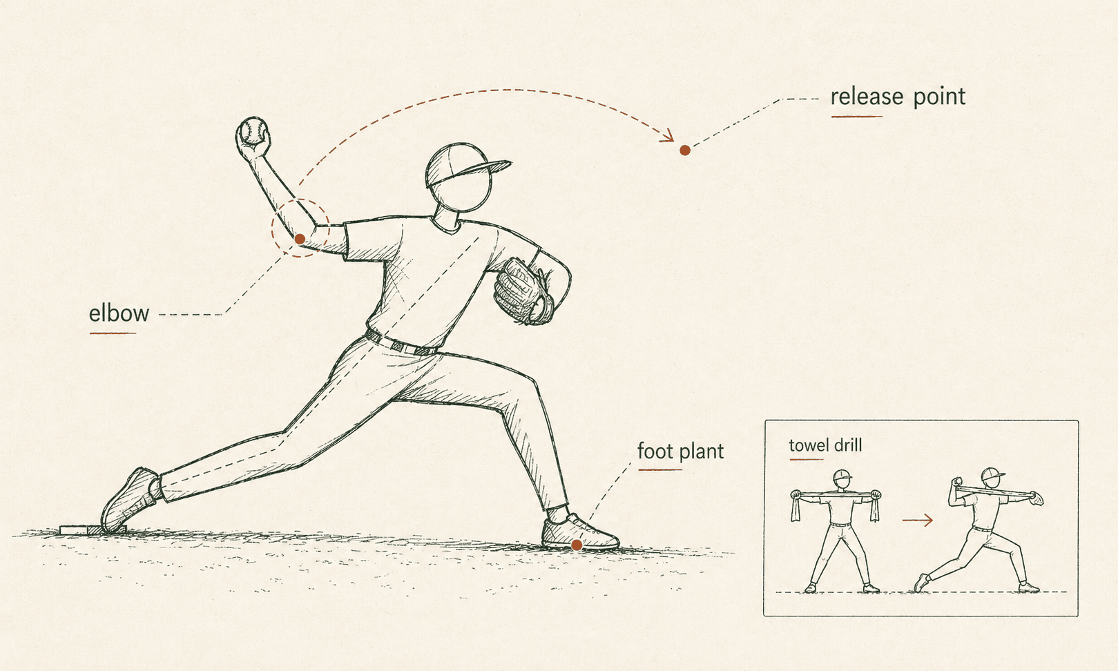 Hand-drawn pitching mechanics diagram with callouts for elbow, release point, foot plant, and a towel drill.