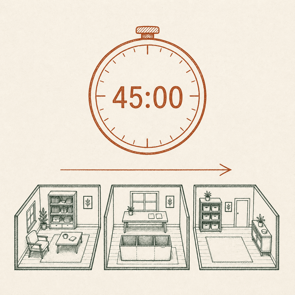 Hand-drawn 45-minute timer above three small room diagrams and a sorting arrow.