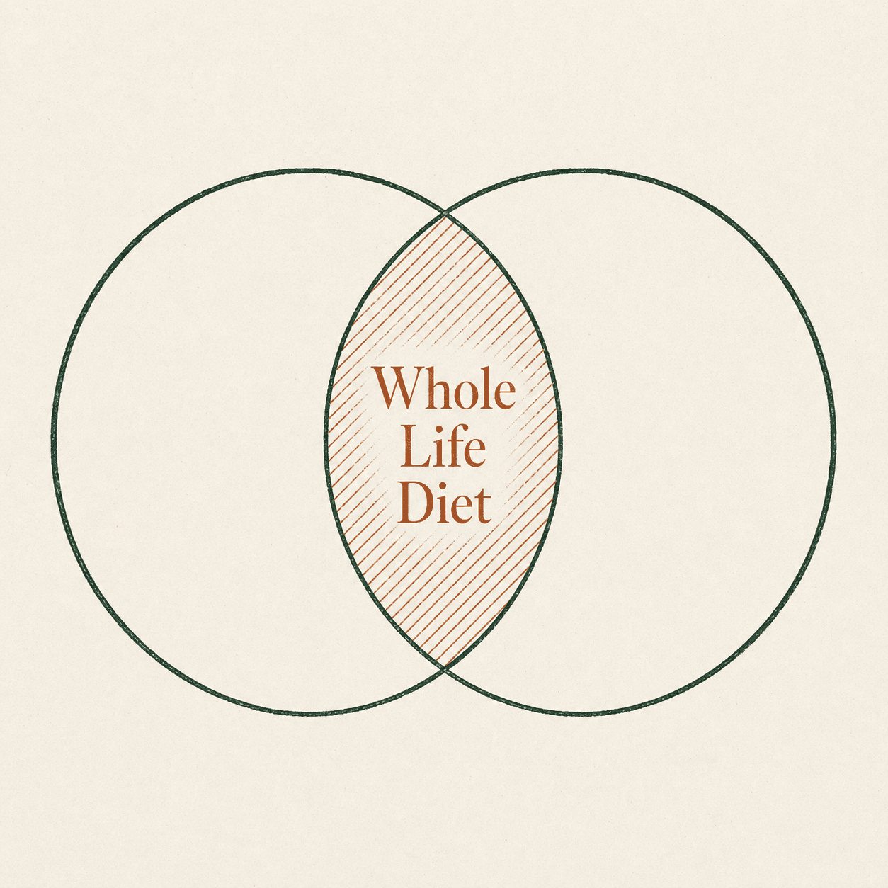 Hand-drawn Venn diagram with Whole Life Diet labeled inside the overlapping center.